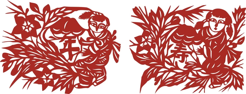 中国风中式传统喜庆民俗人物动物窗花剪纸插画边框AI矢量PNG素材【1450】